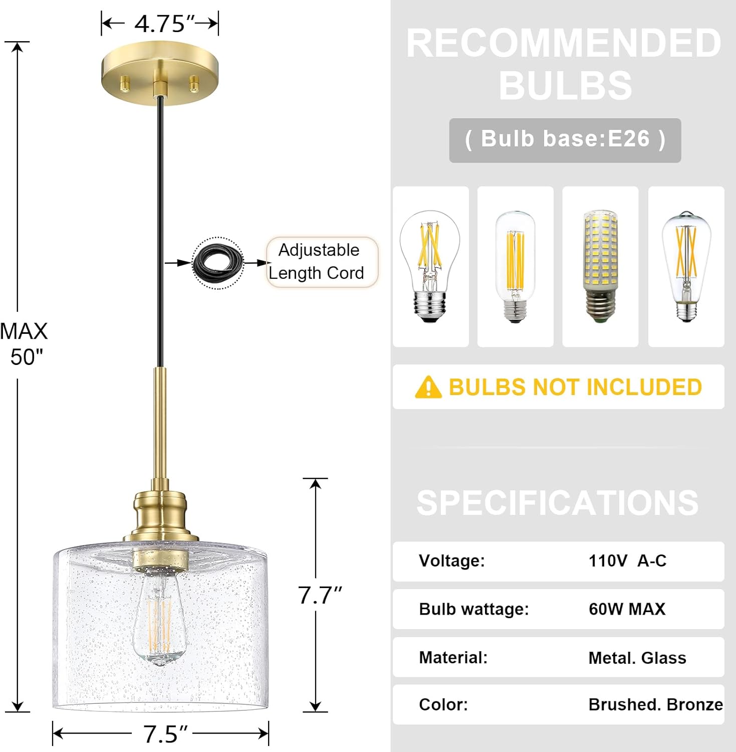 7.5" clear drum seeded glass fixture
