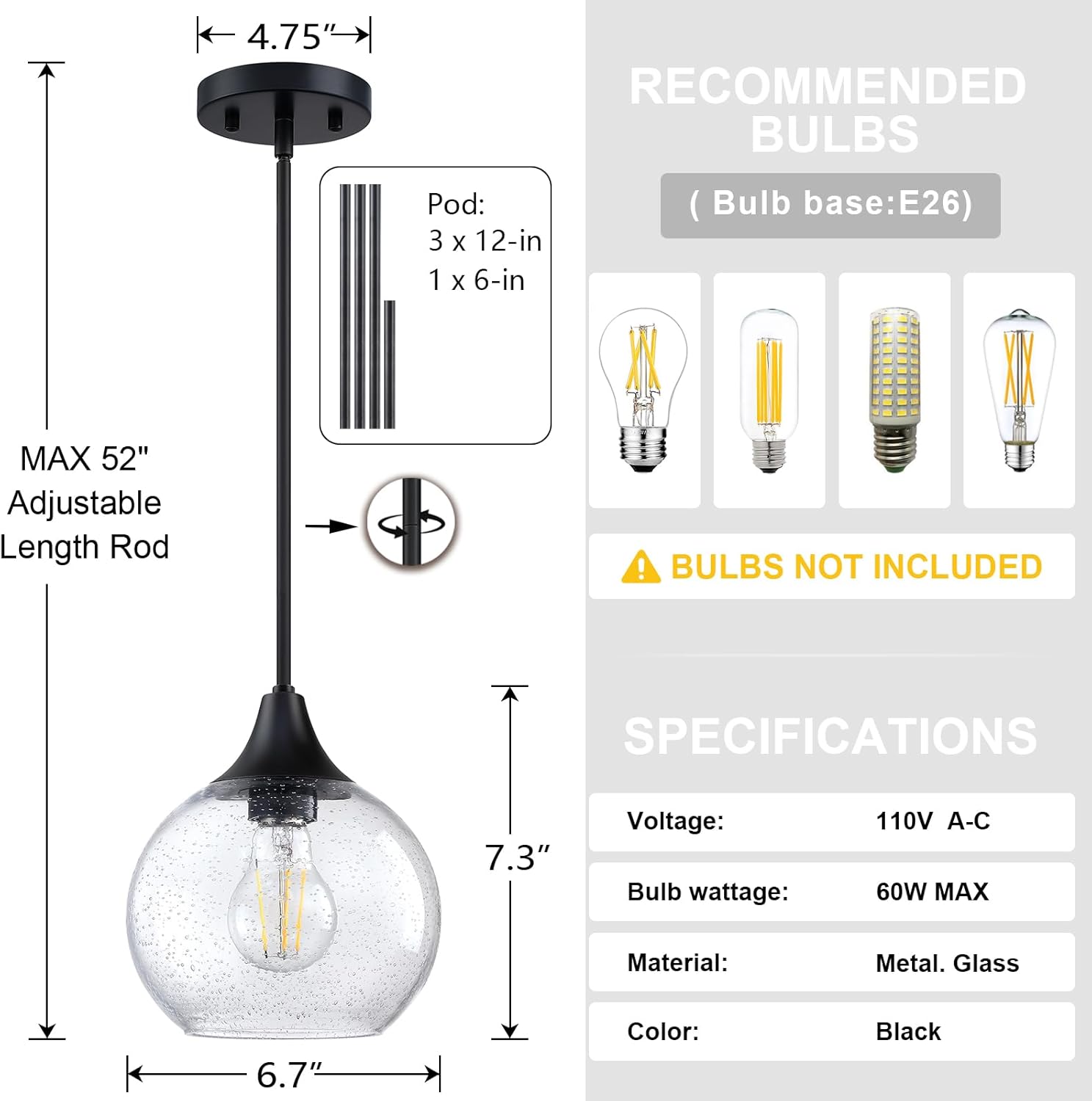 6.7" clear amber glass pendent black finish