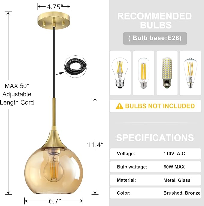 3pk 1 light island pendent light 6.7" amber glass