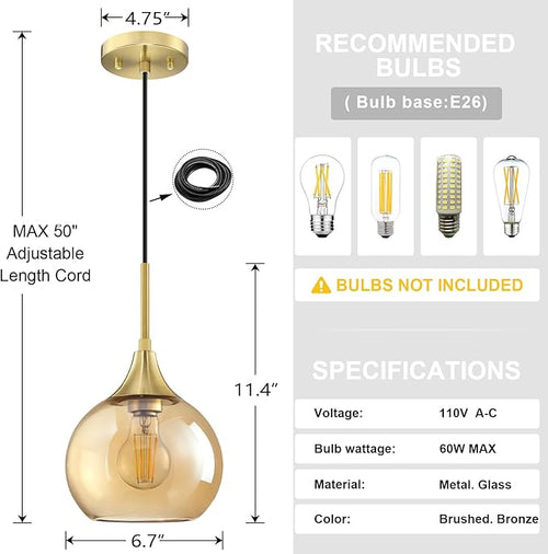 3pk 1 light island pendent light 6.7" amber glass