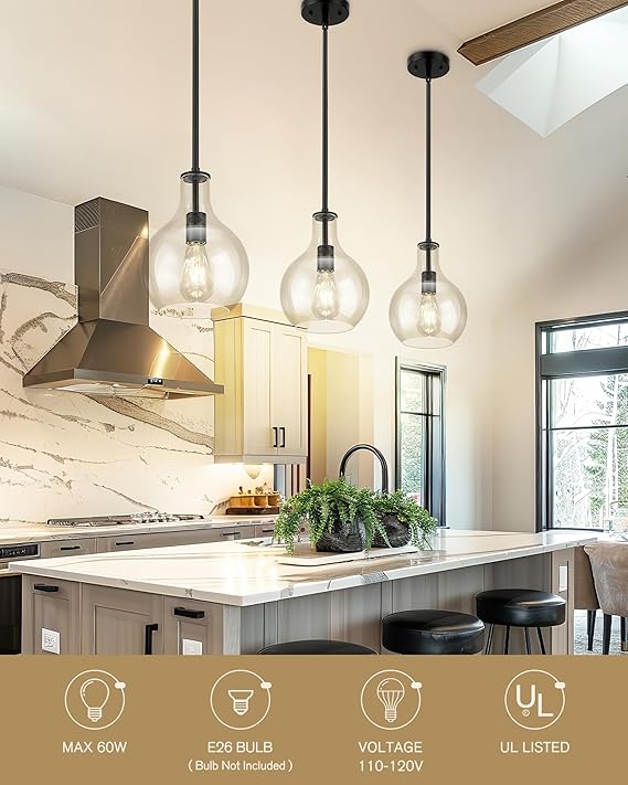 2pk 8" black pendent light fixture with clear glass