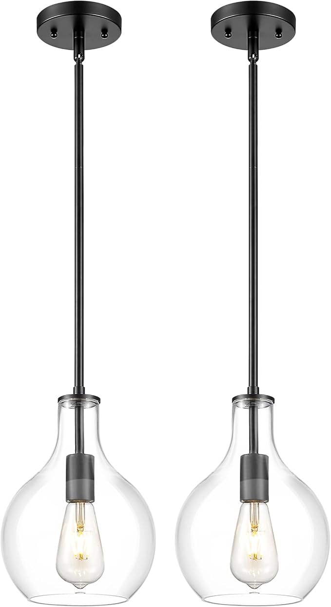2pk 8" black pendent light fixture with clear glass